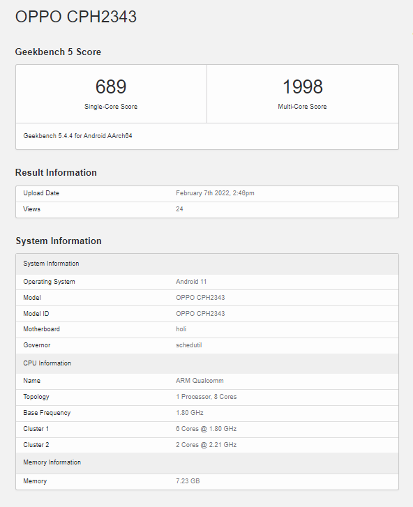 OPPO Reno7 Z 5G Geekbench 